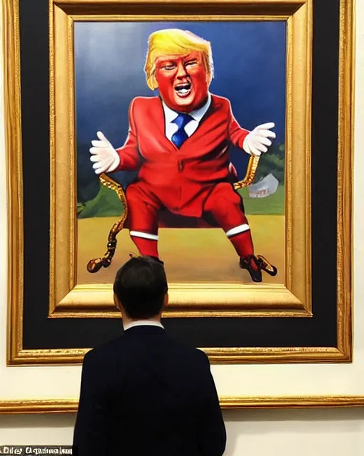 Image similar to a presidential portrait of donald trump as an oompa loompa in the style caricature artist oil painter sebastian kruger hanging on a wall at mar - a - largo