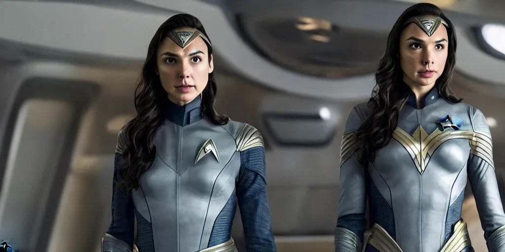 Image similar to Gal Gadot, in full starfleet uniform, is the captain of the starship Enterprise in the new Star Trek movie