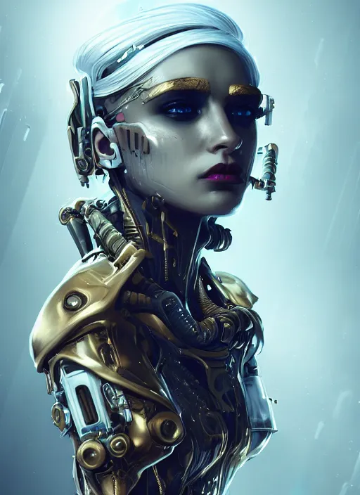 Image similar to soft lustrous ebony ivory seductive biotech raver gutter punk gothic cyborg, golden ratio, details, scifi, fantasy, cyberpunk, intricate, decadent, highly detailed, digital painting, octane render, artstation, concept art, smooth, sharp focus, illustration, art by artgerm, loish, wlop