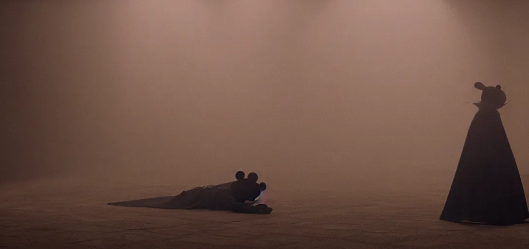 Image similar to prince of darkness as mickey mouse waking from his coffin, foggy, cinematic shot, photo still from movie by denis villeneuve, wayne barlowe