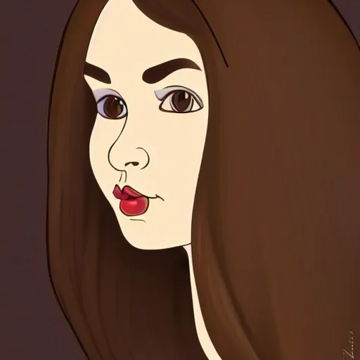 Image similar to chubby brunette woman with straight hair in a short bob, round face, romanian heritage, brown eyes, olive skin, bulbous nose, big chin, wide face, no bangs, digital art, cartoon, 8k, illustration, art nouveau, Alphonse Mucha, trending on artstation, medium shot, head shot