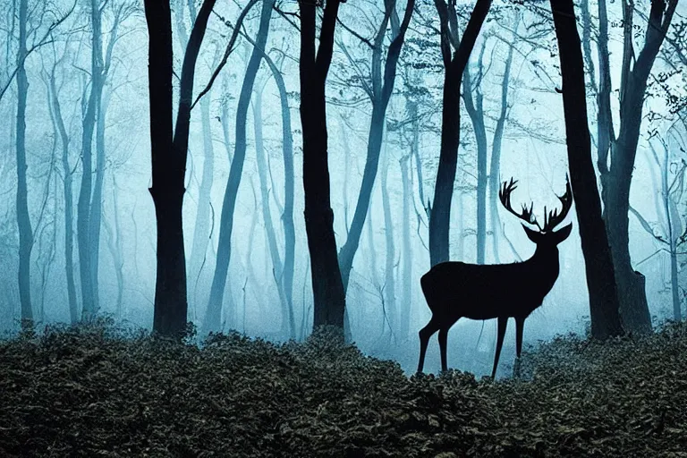 Prompt: a creepy dark forest illuminated by a glowing stag, night