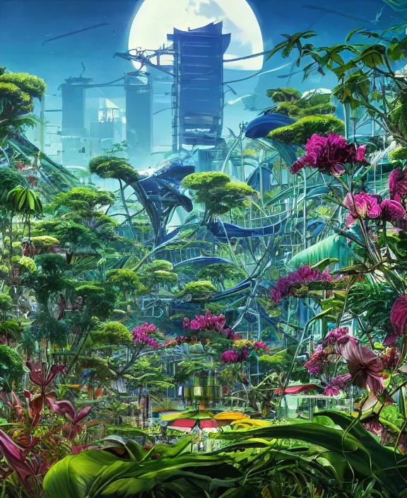 Image similar to simplicity, an amusement park made out of predatory organic creatures, in the style of an asymmetrical spaceship, overgrown with orchids, partly cloudy, sun - drenched, by dan mumford, yusuke murata, makoto shinkai, ross tran, cinematic, unreal engine, cel shaded, featured on artstation, pixiv