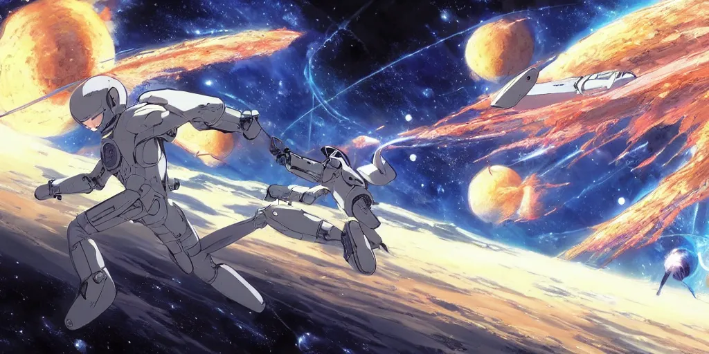 Image similar to intergalactic battle, art by makoto shinkai and alan bean, yukito kishiro