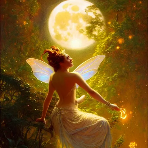 Image similar to attractive fairy queen fly high in the night, fantasy, full moon in background. hyper detailed painting by gaston bussiere, craig mullins, j. c. leyendecker, mid shot, 8 k, cryengone, cinematic lighting, beautiful,