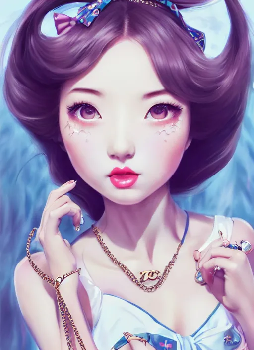 Image similar to a pin up and beautiful fashion dreamlke japan girl with lv jewelry, character art, art by artgerm, wlop, loish, hyperdetailed, 8 k realistic, symmetrical, global illumination, radiant light, frostbite 3 engine, cryengine, dof, trending on artstation, digital art, chanel, dior, detailed background