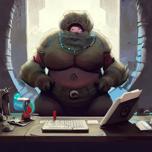 Image similar to a insanely detailed painting of a slightly overweight man wearing a homemade superhero costumed, sitting at a computer desk, nervously and clicking on the mouse, in the style of peter mohrbacher, dramatic lighting and composition, trending on artstation, concept art, comic book, graphic novel