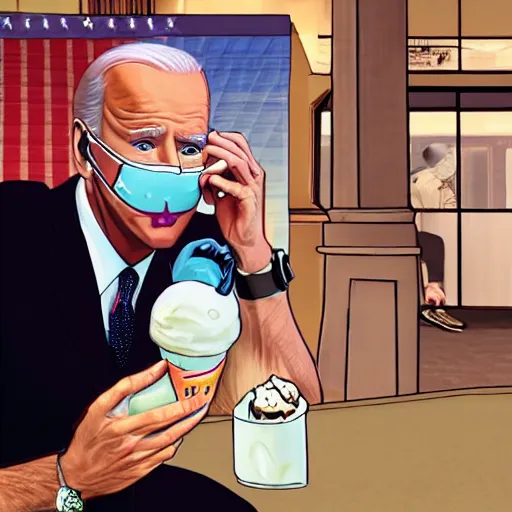 Image similar to joe biden eating ice cream, gta 5 loading screen, cyberpunk lighting