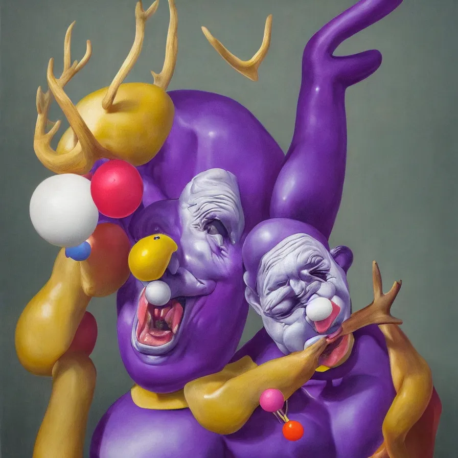 Prompt: rare hyper realistic portrait painting by italian masters, studio lighting, brightly lit purple room, a blue rubber duck with antlers laughing at a giant laughing white bear with a clown mask