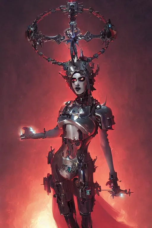 Image similar to Portrait of beautiful pale smiling cyborg goth maiden in bikini armor with crown of thorns and glowing red eyes, steampunc, Warhammer 40000, digital art from artstation by Ruan Jia and Mandy Jurgens and Artgerm and william-adolphe bouguereau