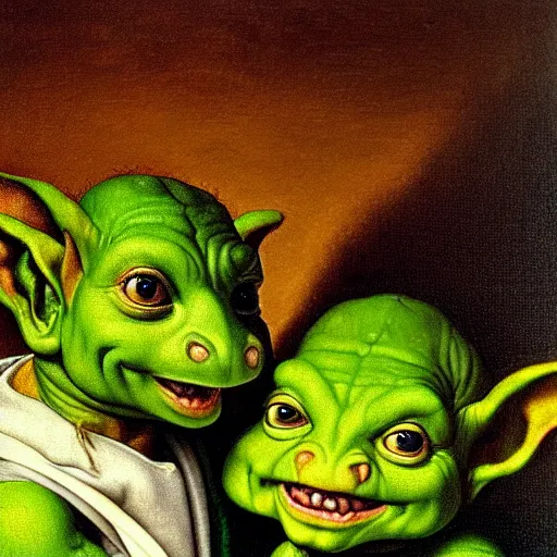 Image similar to close up portrait of two small green goblins extremely excited to show you something behind them, oil painting, high detail, dark lighting, atmospheric, extremely detailed, intricate, da vinci, michelangelo, caravaggio, hans holbein, raphael, donatello, 8 k