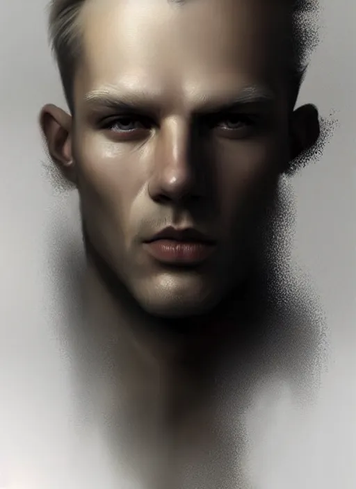 Image similar to portrait of finnish man made partly out of smoke, vanishhing slowly as an smoke to the air, realistic smoke, different smoke colors elegant, highly detailed, digital illustration, trending in artstation, trending in pinterest, glamor pose, concept art, smooth, sharp focus, art by artgerm and greg rutkowski