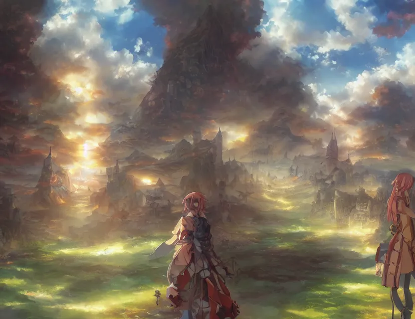 Image similar to anime scenery, wide angle, anime in fantasy style, trending artwork, painted in anime painter studio, by anato finstark, tony sart, marc simonetti and an anime artist, collaboration