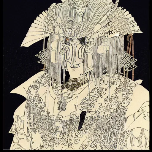 Prompt: highly detailed portrait of samurai warrior with oni demon mask armour by Moebius, Sergio Toppi, John Bauer, Kay Nielsen, Yoshitaka Amano