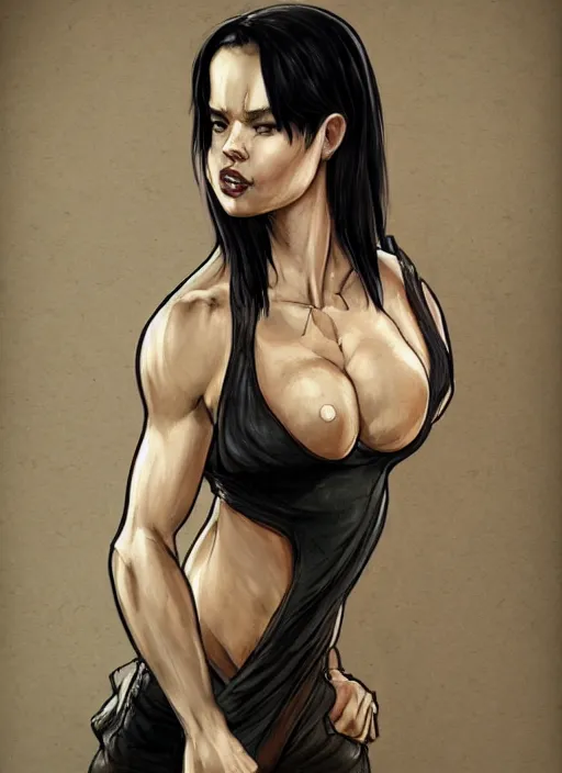 Image similar to a black haired woman in a tank top, muscular upper body, abs, d & d, fantasy, intricate, elegant, highly detailed, digital painting, artstation, concept art, smooth, sharp focus, illustration, art by howard chaykin