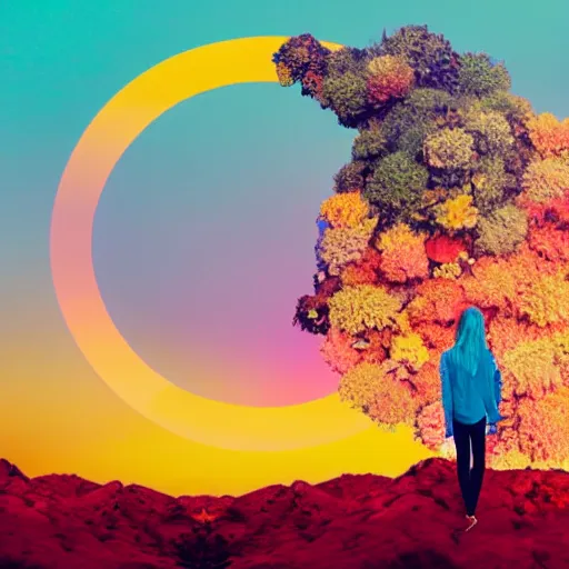 Image similar to A picture of a planet of various colors and plants, in which the human figure is dressed in something magical and impressive, inside the picture is infinity, sunset light, Atmospheric phenomenon, artistic photography, muted colors, conceptual