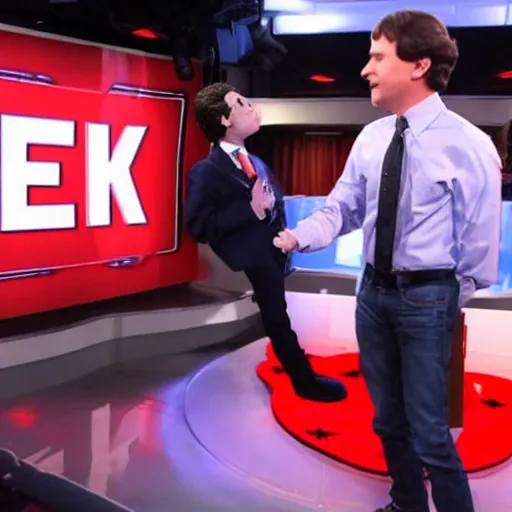 Prompt: a high quality photograph of Jimmy Dore inappropriately interacting with a blowup doll of Tucker Carlson on the set of Tucker Carlson tonight live on Fox News