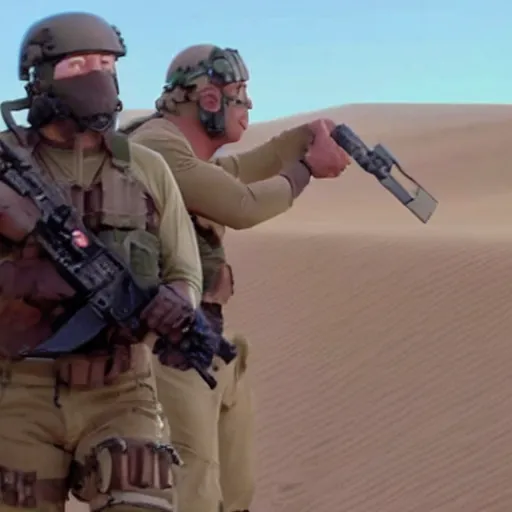 Image similar to special forces muppets fighting in a desert. photograph from action movie.