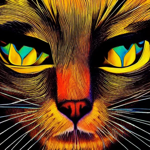 Prompt: portrait of a cat in the movie fear and loathing in las vegas, extremely detailed, psychedelic, trippy, digital painting, centered, vertical symmetry, trending, artstation, artwork by albrecht durer