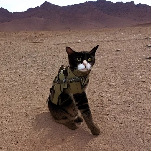 Prompt: a cat wearing modern body armor in a desert