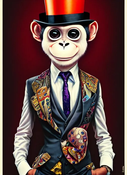 Image similar to an anthropomorphic monkey in a fancy suit and a top hat, pixar style by tristan eaton, artgerm, tom bagshaw