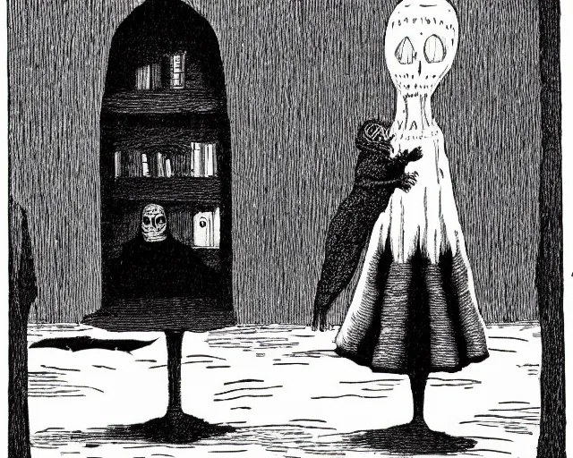 Image similar to dark mage stands before the keep of poisoned tears by edward gorey,