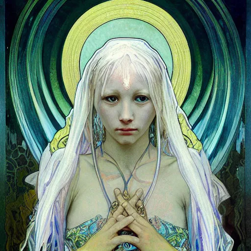 Image similar to portrait of small, rubbery, huge-eyed, big-lipped albino mutant priestess with elaborate white hair by Alphonse Mucha, Beksinski, and Anato Finnstark