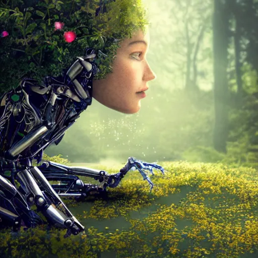 Image similar to side view of a beautiful abandoned human - shaped robot laying on the ground, overgrown foliage with flowers taking over it, close - up, 3 5 mm, biopunk, bokeh, beautiful, lens flare, emotional, detailed, picture, trending on artstation, award - winning, shiny, golden, angle view, octane render