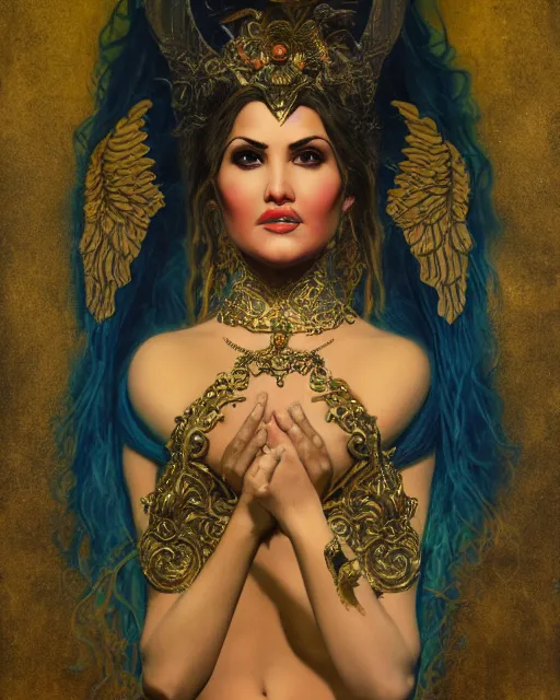 Prompt: concept art, sunny leone as an angel woman, beautiful, frank frazetta, ornate, art nouveau, symmetrical, gold jewelry, high contrast, unbiased render, Emil melmoth, eerie, haunting, victorian, 8k, octane render, style of Gustav Klimt, head and shoulders