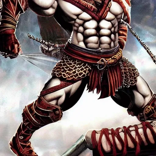 Prompt: concept art kratos the god of war wearing fishnet stockings outside of a biker bar