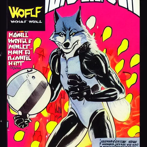 Image similar to 1 9 8 0 s comic book cover scan featuring a portrait of villain male wolf o'donnell anthropomorphic wolf furry fursona from starfox wearing a dark space mercenary uniform, dark grey wolf, handsome eyes, wolf o'donnell