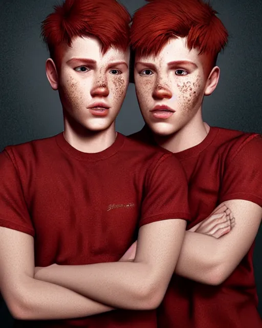 Image similar to portrait of 1 9 - year - old male twins with red hair and freckles, two male, wearing shirts,, hyper realistic face, beautiful eyes, character art, art by mark brooks, hyperdetailed, cryengine, trending on artstation, digital art