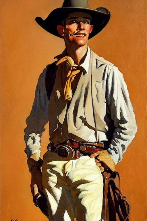 Image similar to attractive cowboy, painting by mark maggiori, j. c. leyendecker