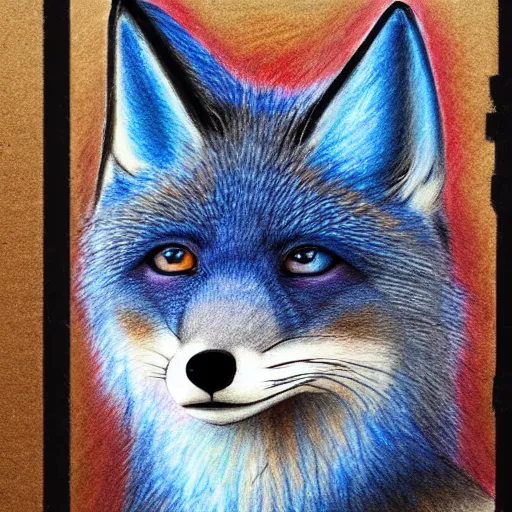 Prompt: high quality colored pencil sketch portrait of an anthro furry fursona blue fox, handsome eyes, sketch doodles surrounding it, photo of notebook sketch