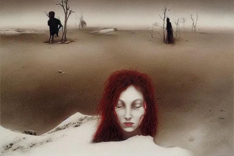 Image similar to a surrealist painting of a lonely woman with pale skin and red hair, standing over pile of bodies in post apocalyptic snowy landscape, painted by zdzisław beksinski