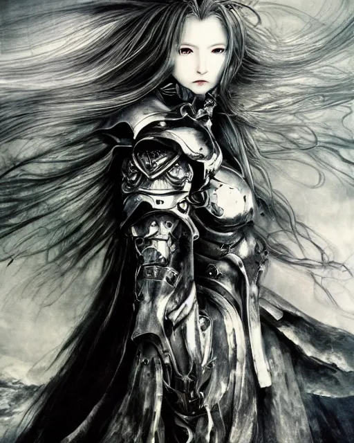 Image similar to Yoshitaka Amano realistic illustration of an anime girl with wavy white hair and cracks on her face wearing Elden ring armour with the cape fluttering in the wind, abstract black and white patterns on the background, noisy film grain effect, highly detailed, Renaissance oil painting, weird portrait angle