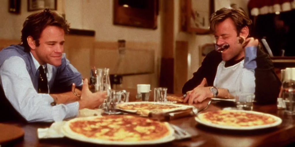 Prompt: color film of joe biden eating pizza in an italian restaurant 1 9 9 4 im the film of good will hunting, grinning, close up, high quality ultra realistic detailed