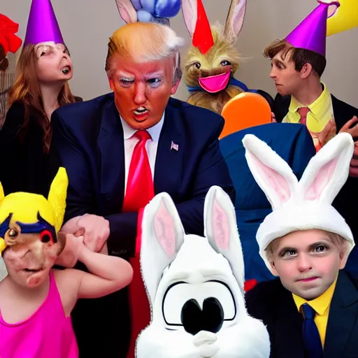 Image similar to professional photography Donald Trump cosplay as Bugs Bunny spying on children at a birthday party, high quality, good lighting,