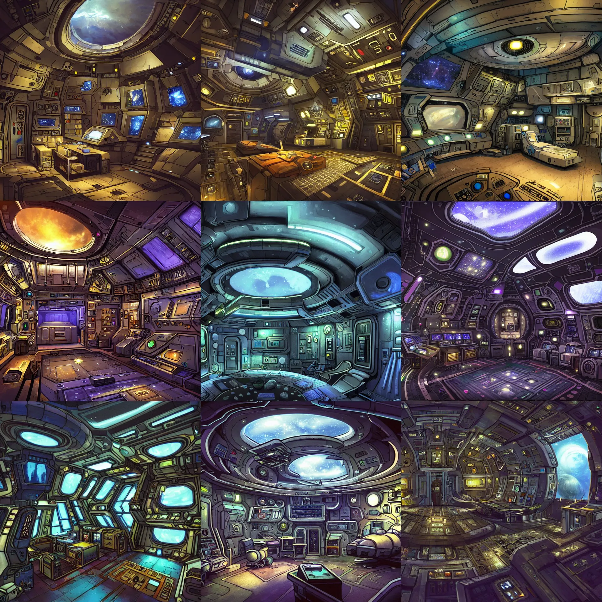 Prompt: an officer's living quarters onboard a spaceship, from a space themed point and click 2 d graphic adventure game, set design inspired by hg giger and tomb raider, art inspired by thomas kinkade