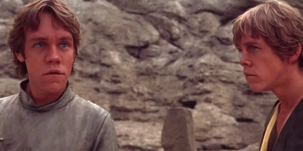 Prompt: screenshot of Luke Skywalker discovers a lost jedi Temple, 1970s sci fi film by Stanely Kubrick film, color kodak, Ektachrome, anamorphic lenses, detailed faces, hyper-realistic, photoreal, detailed portrait, moody cinematography, strange lighting