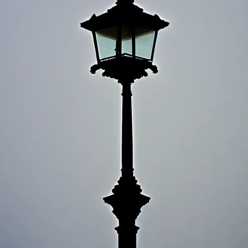 Prompt: a victorian street lamp in a foggy field at dusk, indigo sky