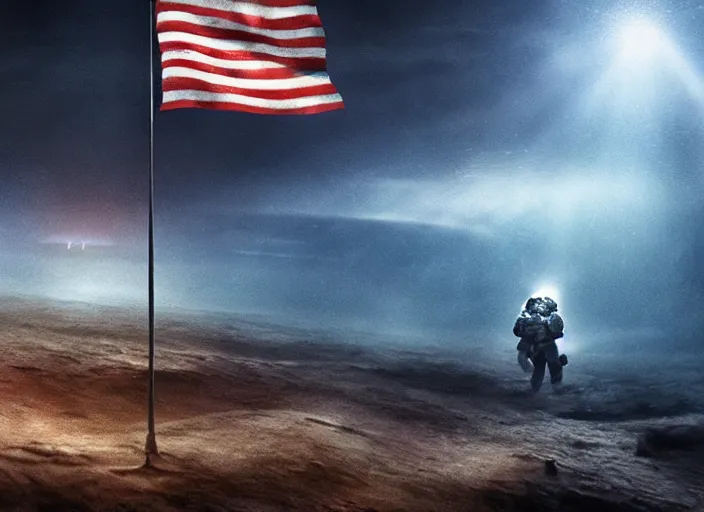 Image similar to astronaut holding a flag in an underwater desert. a submarine is visible in the distance. dark, concept art, cinematic, dramatic, atmospheric, 8 k, trending on artstation, blue, fish, low visibility, fog, ocean floor, christopher nolan, interstellar