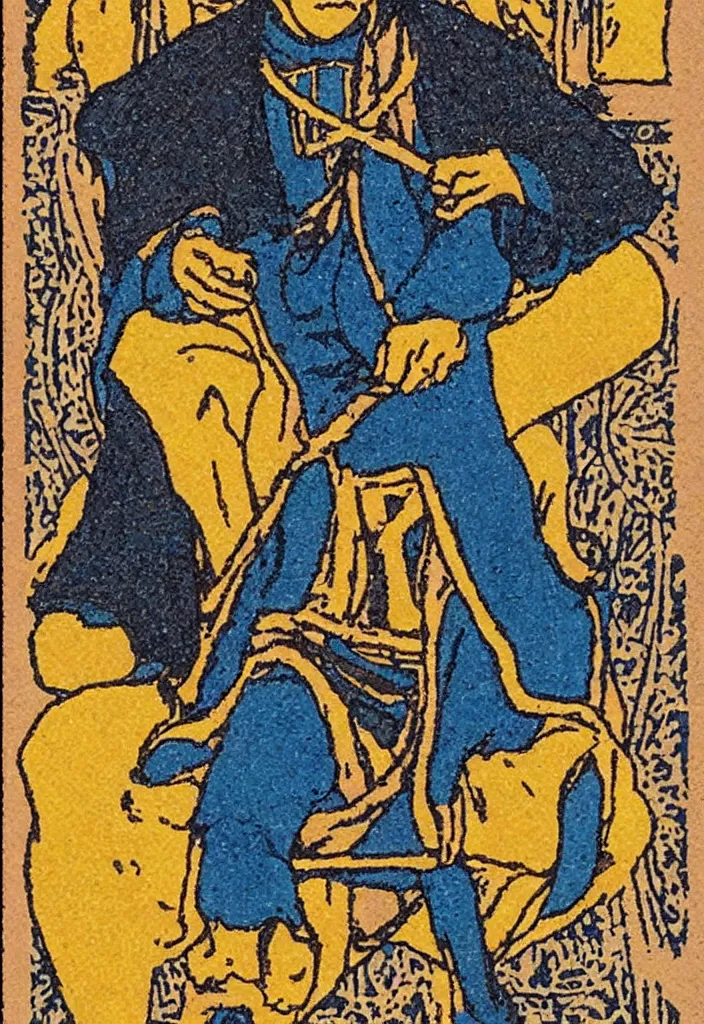 Prompt: Yann LeCun sitting on the throne on a tarot card, illustrated on the Rider–Waite tarot.