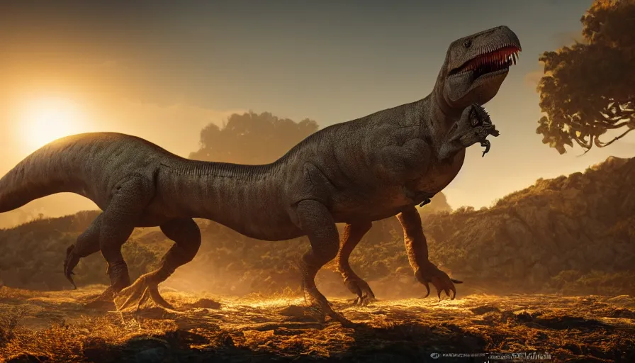 Image similar to hyper realistic highly detailed nature photography of a dinosaur, prehistoric planet, volumetric lighting, octane render, 4 k resolution, golden hour