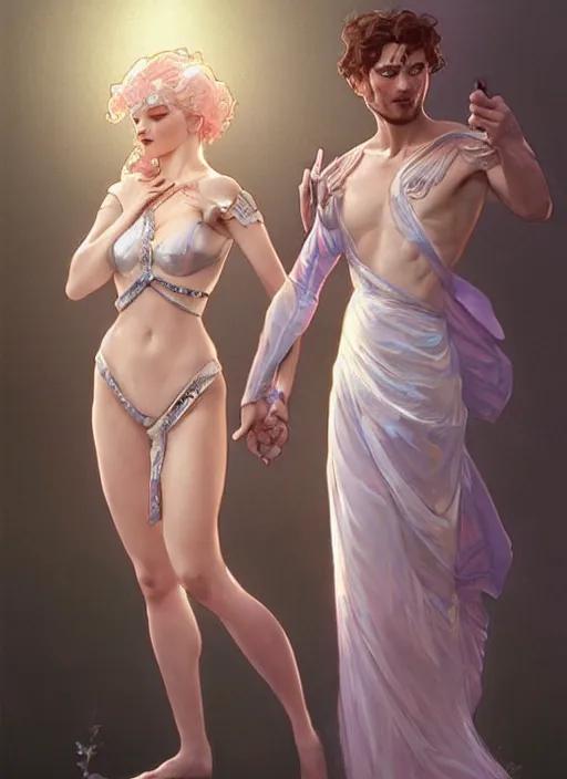 Prompt: a couple made of sparkling crystal, a man and a woman, diamond and rose quartz, full body view, beautiful high quality realistic fantasy art, trending on artstation by artgerm and greg rutkowski and alphonse mucha