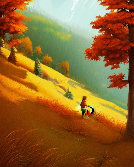 Image similar to autumn hillside boy hiking illustration detailed, by quentin mabille