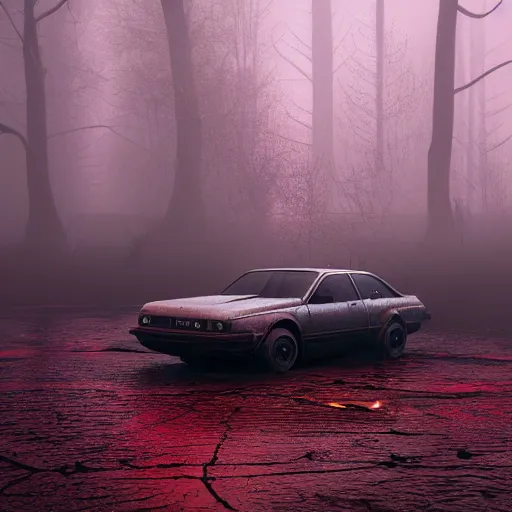 Prompt: old car with red foggy headlights on sinking in a beautiful dark foggy swamp, in the style of beeple and Mike Winkelmann, intricate, epic lighting, cinematic composition, hyper realistic, 8k resolution,