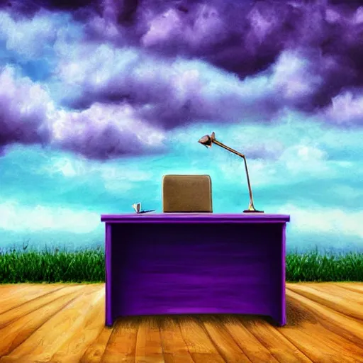 Image similar to realistic panting of a desk on a purple field blue clouds