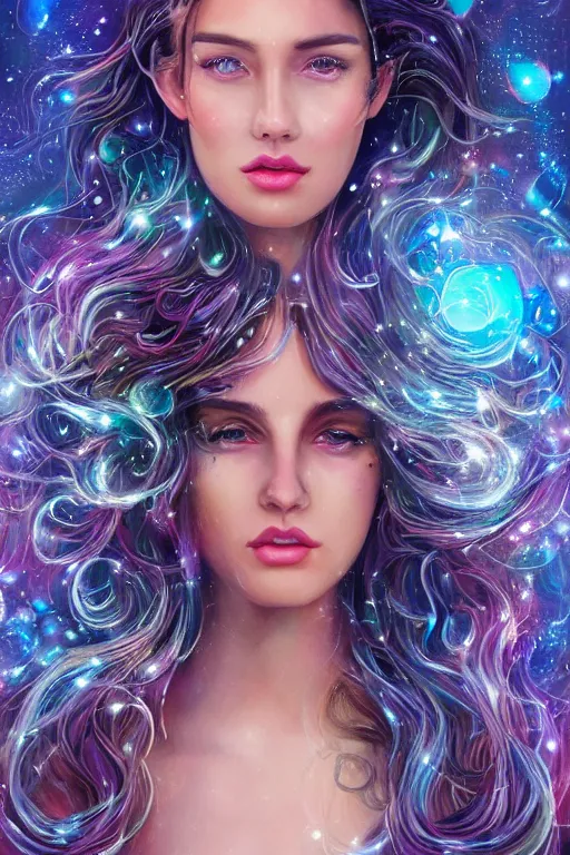 Image similar to one beautiful young woman's face, magical, space stars and planets in her hair, windblown, intricate, synth-wave, retrowave, highly-detailed, elegant, dramatic lighting, gorgeous face, lifelike, photorealistic face, long luxurious intricate gown, digital painting, artstation, illustration, concept art, smooth, sharp focus, art by John Collier, artgerm, and Albert Aublet and Krenz Cushart and Artem Demura and Alphonse Mucha