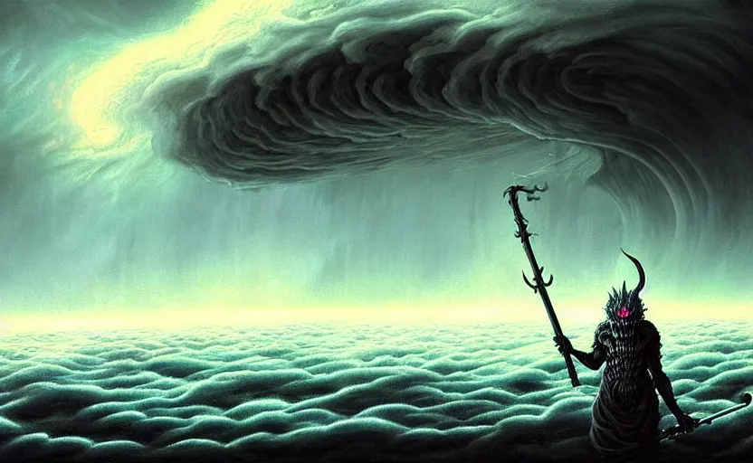 Image similar to beautiful digital fantasy illustration of a demon holding a staff!!, hellish background, a giant wave in the sky, apocalypse art!!!!, apocalypse landscape!!!!!, lovecraftian!!, cosmic horror!!!, concept art by Jarosław Jaśnikowski, a detailed matte painting by Dan Luvisi, cgsociety, fantasy art, highly detailed, soft lighting, rendered in octane, masterpiece, very very very aesthetic